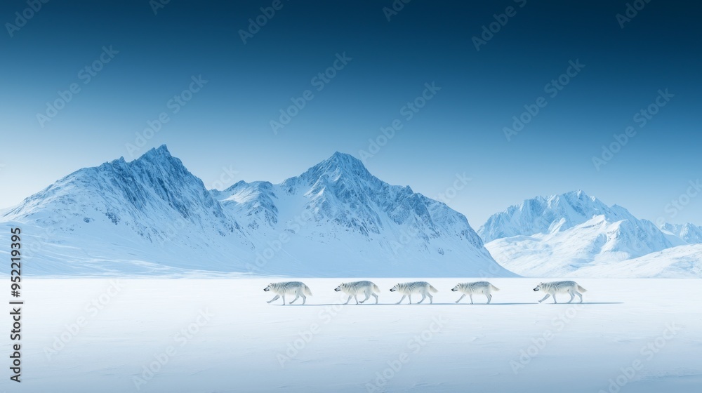 Obraz premium A serene winter landscape featuring polar bears walking across a snowy terrain with majestic mountains in the background.