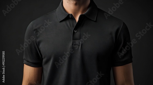 A man models a sleek black polo shirt, emphasizing its casual elegance against a subtle background