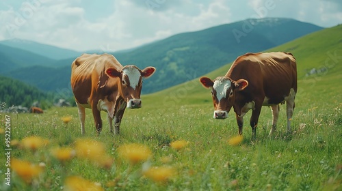 Two brown color cows graze on green grass free of pesticides in mountain meadow on sunny day in Carpathian Mountains Paltinis Romania : Generative AI photo