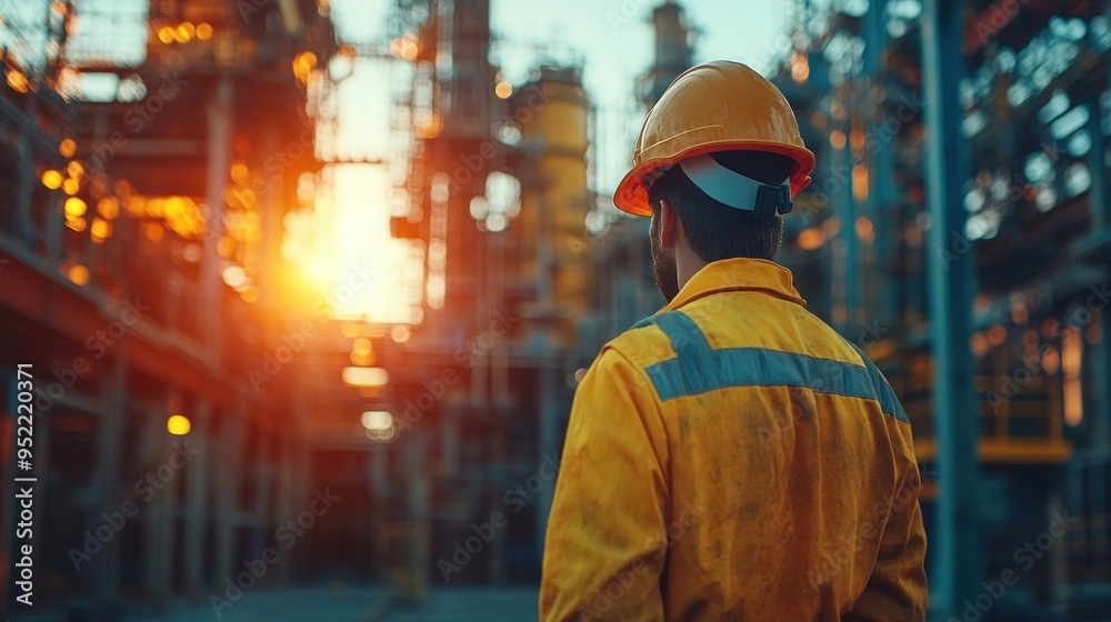 A diligent worker in a hard hat admires the glow of the setting sun against the backdrop of machinery and structures A diligent worker in a hard hat admires the glow of the setting sun against the backdrop of machinery and structures