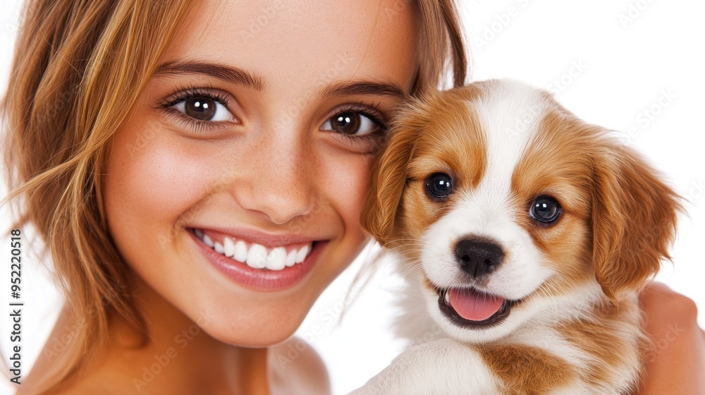 A cheerful girl holds a playful puppy, both expressing joy in a warm, cozy atmosphere together A cheerful girl holds a playful puppy, both expressing joy in a warm, cozy atmosphere together