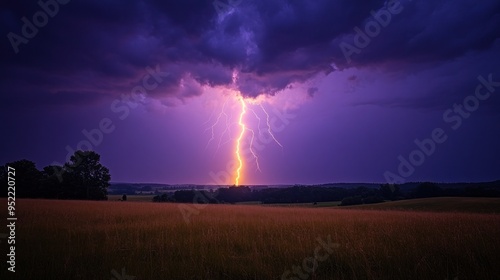 A stunning lightning strike illuminates the darkening sky, casting bright reflections across a tranquil landscape