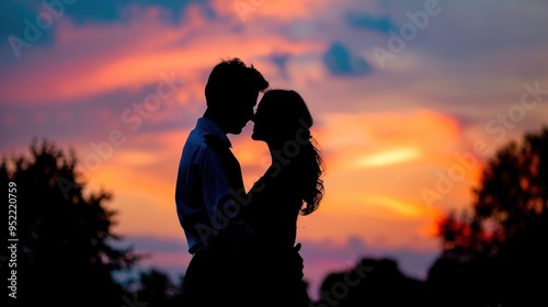 A couple shares a tender moment, silhouetted against a breathtaking sunset, surrounded by nature's tranquility