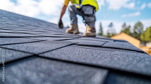 Worker Installing Asphalt Shingles on New Home Roof Under Construction