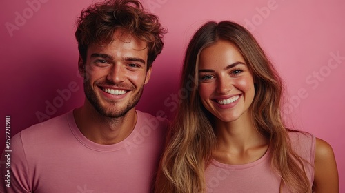 A joyful couple stands close, dressed in pink, radiating happiness and enjoying a fun, lighthearted moment together