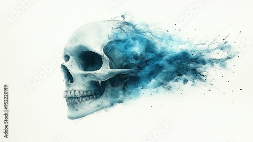 Swirling blue smoke gracefully emerges from a detailed skull, creating a captivating interplay of light and shadow