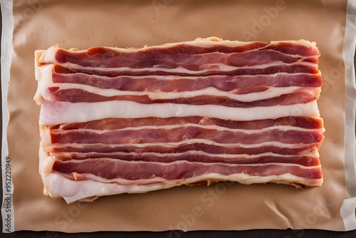 A slab of raw bacon with alternating layers of meat and fat displayed on butcher paper, AI Generated