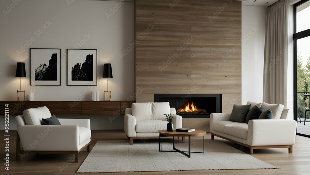 Two white sofas by the fireplace in a Scandinavian minimalist living room. Two white sofas by the fireplace in a Scandinavian minimalist living room.