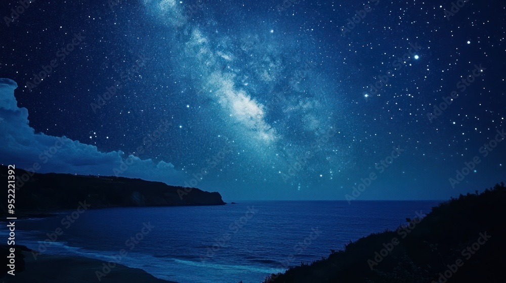Fototapeta premium Night Sky Over the Ocean With Milky Way