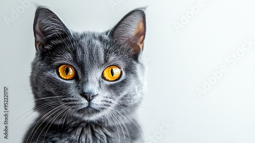 A grey cat with yellow eyes is sitting on a white background The cats eyes are wide open giving it a curious and alert appearance : Generative AI