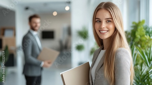 A woman with long hair smiles confidently while a man stands in the background, both in a bright office environment