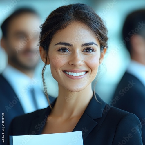 A professional woman displays confidence and warmth while holding documents and smiling in a modern office environment