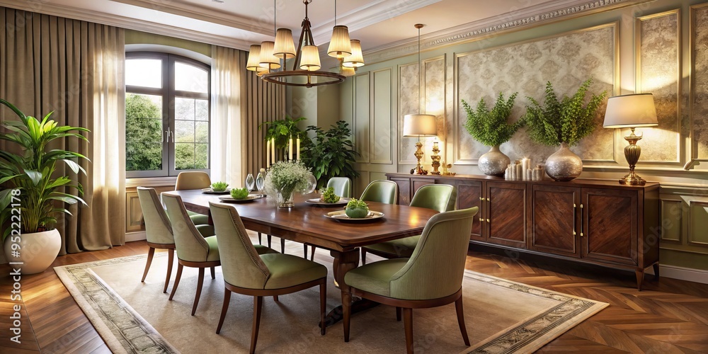 Fototapeta premium Elegant dining room exudes sophistication under golden lighting, with a sleek sideboard featuring rich wood tones and subtle brass accents amidst lush greenery.
