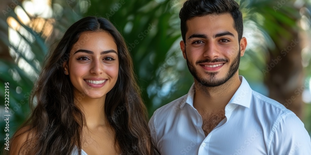 A joyful couple stands closely, surrounded by vibrant greenery, radiating warmth and friendship under the sun A joyful couple stands closely, surrounded by vibrant greenery, radiating warmth and friendship under the sun