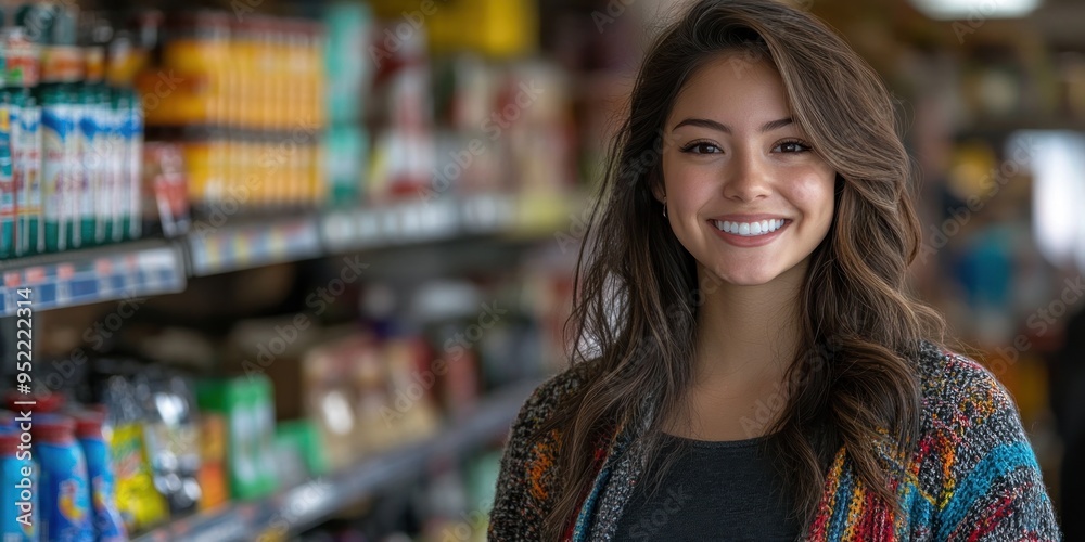 A joyful young woman stands in a grocery store, showcasing her warm smile amidst a lively display of products A joyful young woman stands in a grocery store, showcasing her warm smile amidst a lively display of products