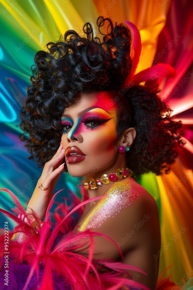 Vibrant Portrait of a Drag Performer Against Rainbow Background - Celebrating Artistry and Self Expression Vibrant Portrait of a Drag Performer Against Rainbow Background - Celebrating Artistry and Self Expression