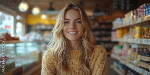 A young woman radiates joy and warmth while standing amidst shelves of various products in a welcoming market