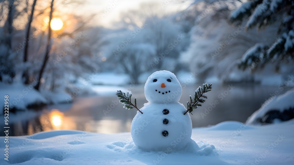 Obraz premium Snowman in an idyllic winter landscape with snow-covered trees in background