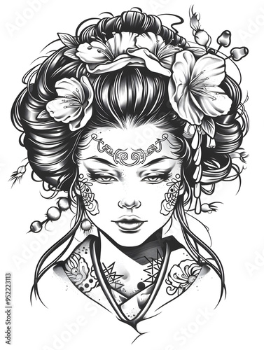 Japanese geisha head very simple traditional tattoo flash styles illustration
