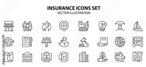 Thin line insurance icons set.