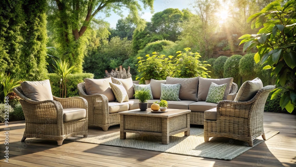Elegant grey rattan garden furniture amidst lush greenery, sunlight filtering through leaves, worn wood grain on armrests, and subtle floral patterns on cushions. Elegant grey rattan garden furniture amidst lush greenery, sunlight filtering through leaves, worn wood grain on armrests, and subtle floral patterns on cushions.