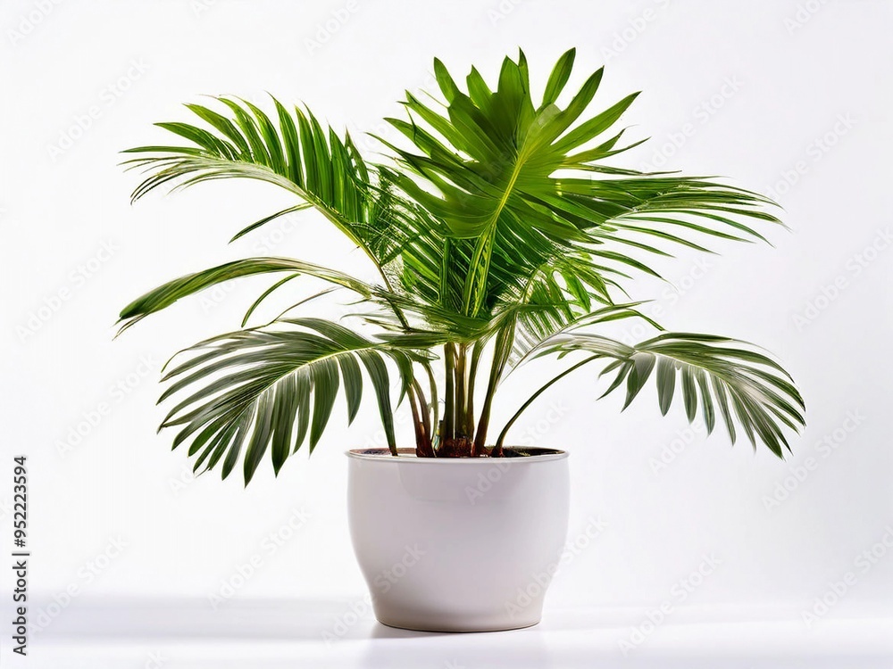 Indoor plants and vase image of king palm white and pink background.