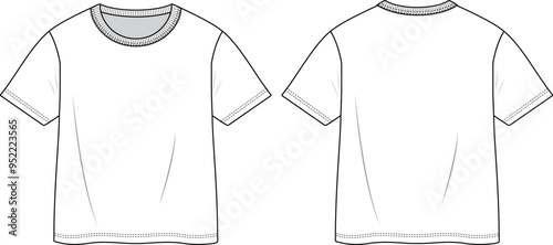 Kids Tee shirt fashion short sleeve drop shoulder technical drawing template. Plain white t-shirt front and back view flat Short sleeve t-shirt design for kids vector illustration.