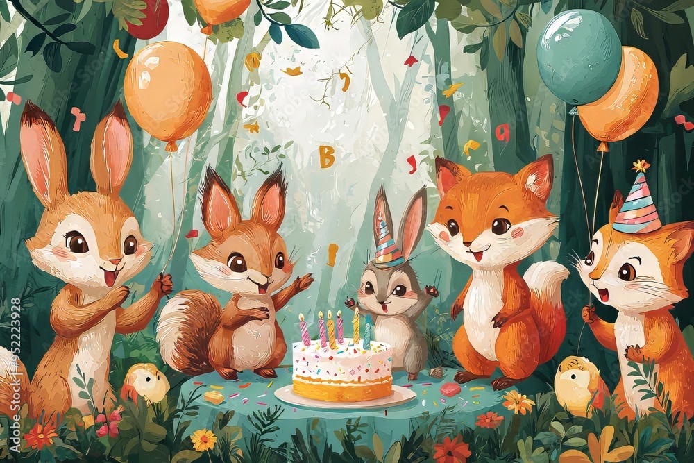 A festive forest birthday party with animated animals celebrating joyfully. A festive forest birthday party with animated animals celebrating joyfully.