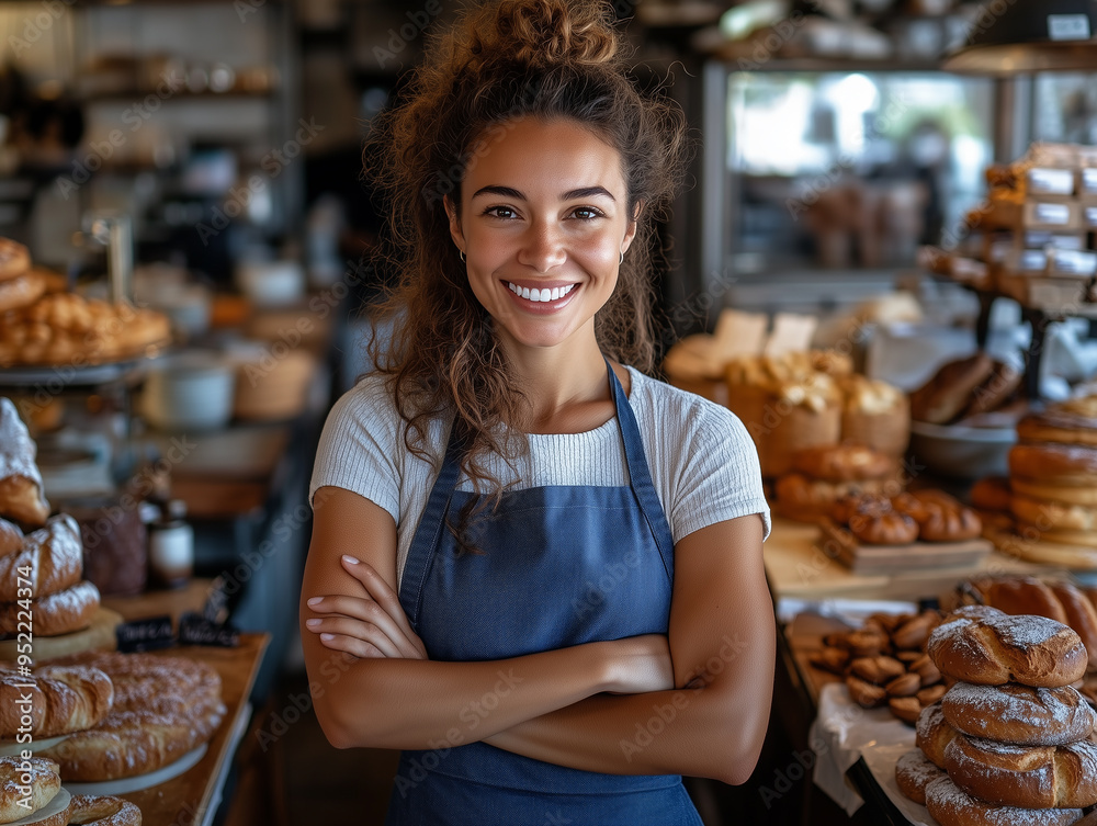 A joyful woman with curly hair and an apron shares a warm smile while standing confidently with arms crossed in a lively bakery, surrounded by tempting pastries and bread A joyful woman with curly hair and an apron shares a warm smile while standing confidently with arms crossed in a lively bakery, surrounded by tempting pastries and bread
