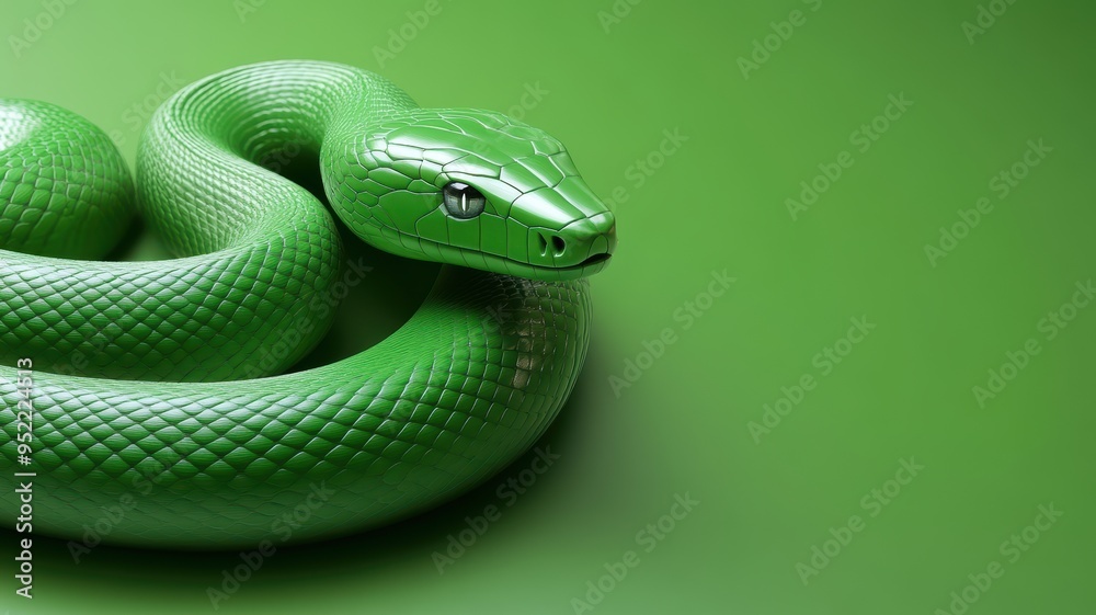 Fototapeta premium Modern green snake sculpture with clean design, set against a monochrome green backdrop.