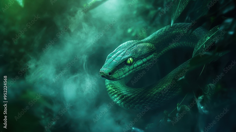 Fototapeta premium Green wooden snake with emerald eyes on a dark background.