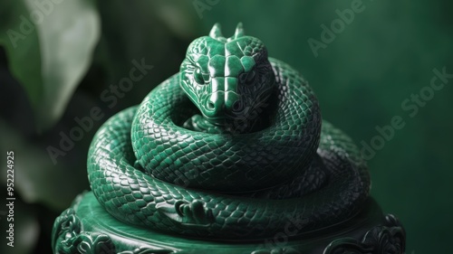 Green wooden snake wrapped around jade, intricate carving design. photo