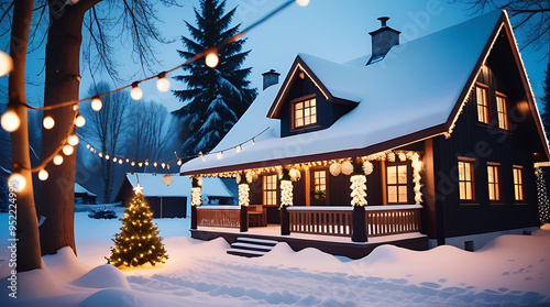 charming cottage christmas lights decorations glowing snow photo