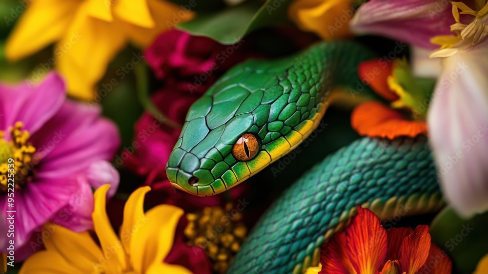 Fototapeta premium Green wooden snake coiled among vibrant pink and yellow flowers, showcasing intricate craftsmanship and a blend of natural beauty and artistry.