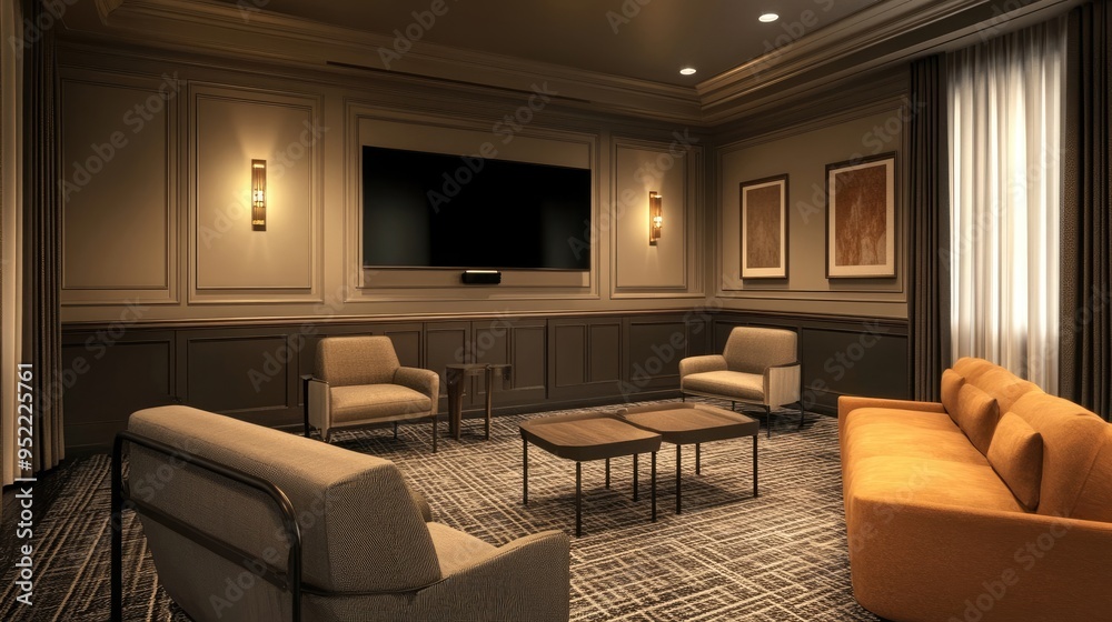 Spacious Meeting Room with Large TV Display and Relaxing Seating Spacious Meeting Room with Large TV Display and Relaxing Seating