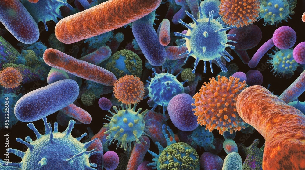 Close-up of various pathogenic microbes under a microscope, with a clear area for text. Close-up of various pathogenic microbes under a microscope, with a clear area for text.