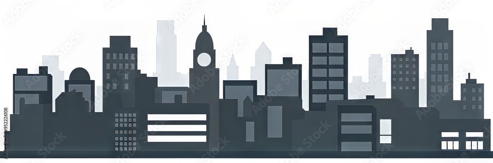 Naklejka premium Stylized city skyline featuring various architectural shapes and designs.