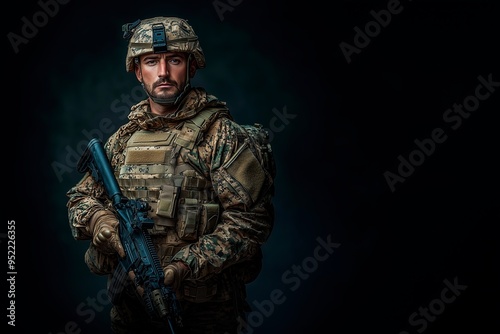 Soldier in tactical gear with rifle on dark background, copy space, armed forces, united states army