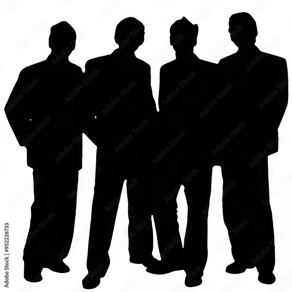 Silhouette of four men standing together in formal attire. Silhouette of four men standing together in formal attire.