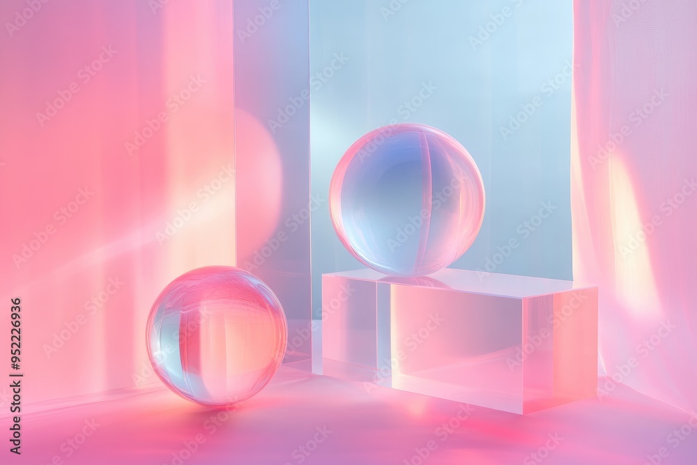 Glass Spheres and Prismatic Reflections in a Pink and Blue Room Glass Spheres and Prismatic Reflections in a Pink and Blue Room