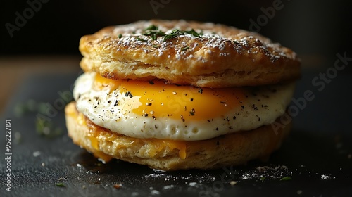 egg sausage biscuit with runny yoke breakfast food with black background : Generative AI photo