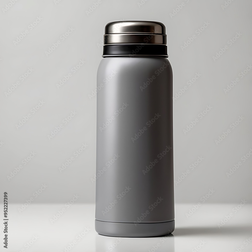 mockup of an empty gray water bottle thermos on white background