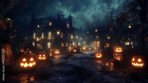 Eerie Halloween Village with Glowing Pumpkins, Dark and Spooky 