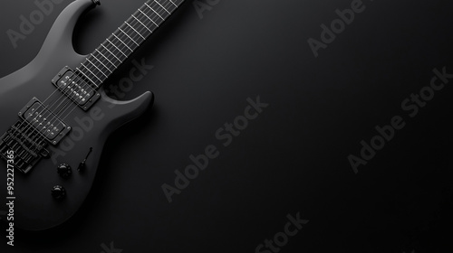 A modern electric guitar, centered on a plain black background, ideal for music promotions with space for a message. photo