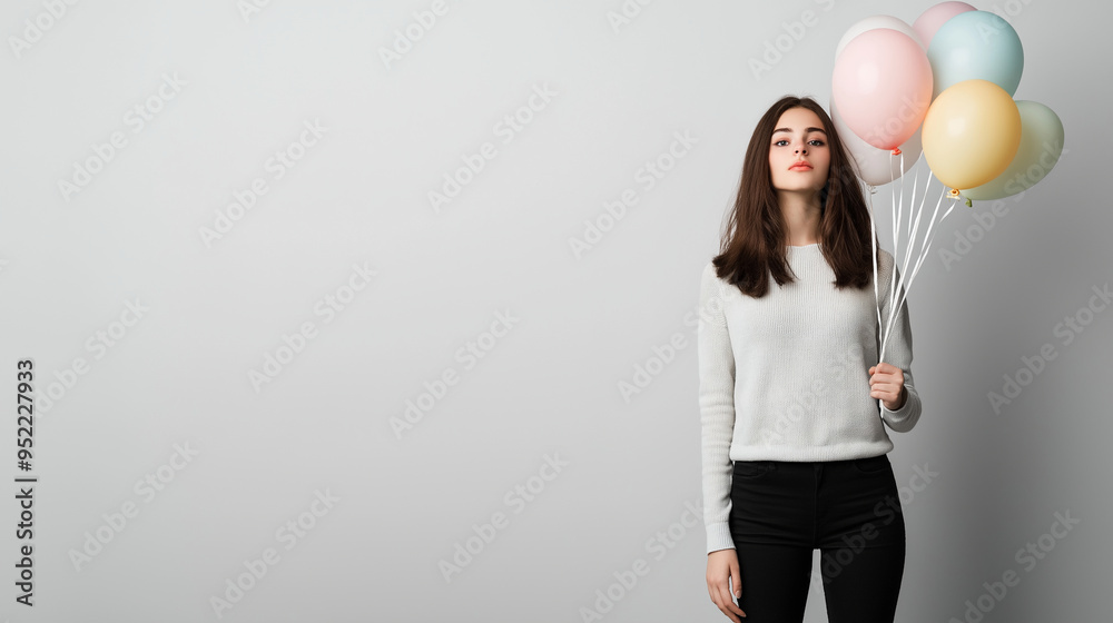 A young woman holding a bouquet of balloons, standing on a plain white background, ideal for a celebration or event promotion with space for a message. A young woman holding a bouquet of balloons, standing on a plain white background, ideal for a celebration or event promotion with space for a message.