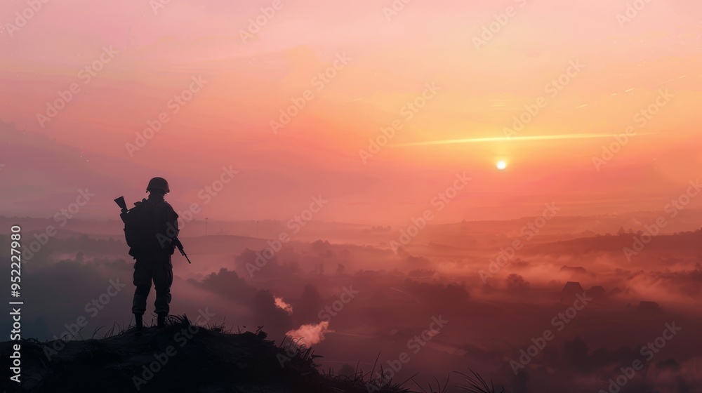 Soldier Reflecting Over Battlefield at Sunrise: Serene, Contemplative Scene for Posters or Cards