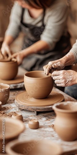 A pottery workshop with people shaping clay on wheels photo