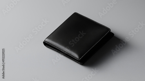 A sleek black leather wallet opened to reveal its contents, centered on a plain grey background, perfect for a fashion accessory ad with ample space for text.