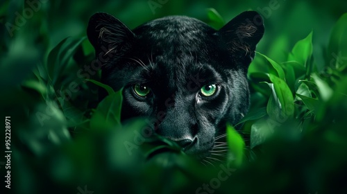 A striking black panther lurking in dense green foliage, showcasing its vibrant eyes and stealthy nature in the wild. photo