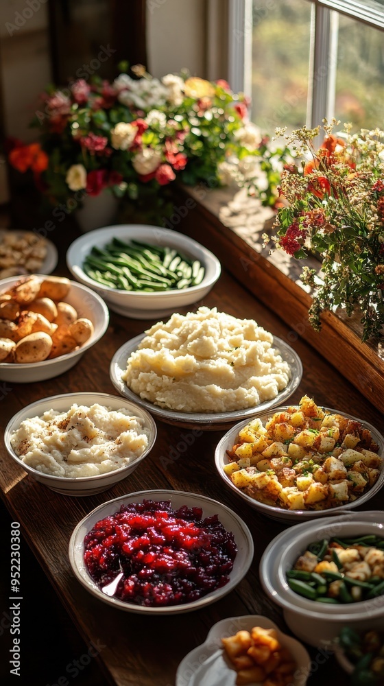 A beautifully set table with a variety of delicious food dishes and vibrant flowers by the window, bathed in natural light.